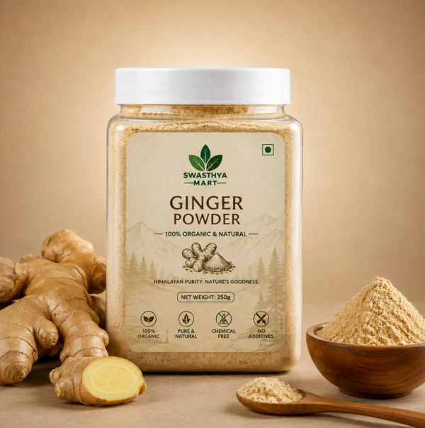 organic ginger powder 250g in transparent jar by swasthya mart
