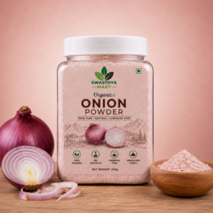 Organic Onion Powder 250g in transparent jar by Swasthya Mart