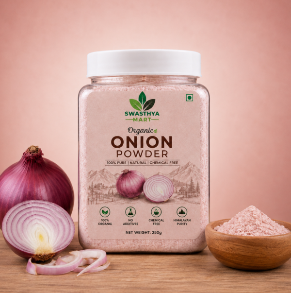 Organic Onion Powder 250g in transparent jar by Swasthya Mart