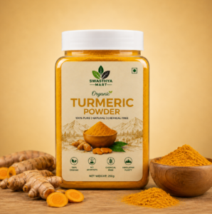 Organic Turmeric Powder 250g in transparent jar by Swasthya Mart