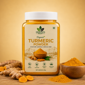 Organic Turmeric Powder 250g in transparent jar by Swasthya Mart