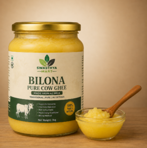 pure cow bilona ghee 1kg in transparent jar by swasthya mart