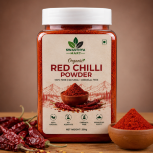 Organic red chilli Powder 250g in transparent jar by Swasthya Mart
